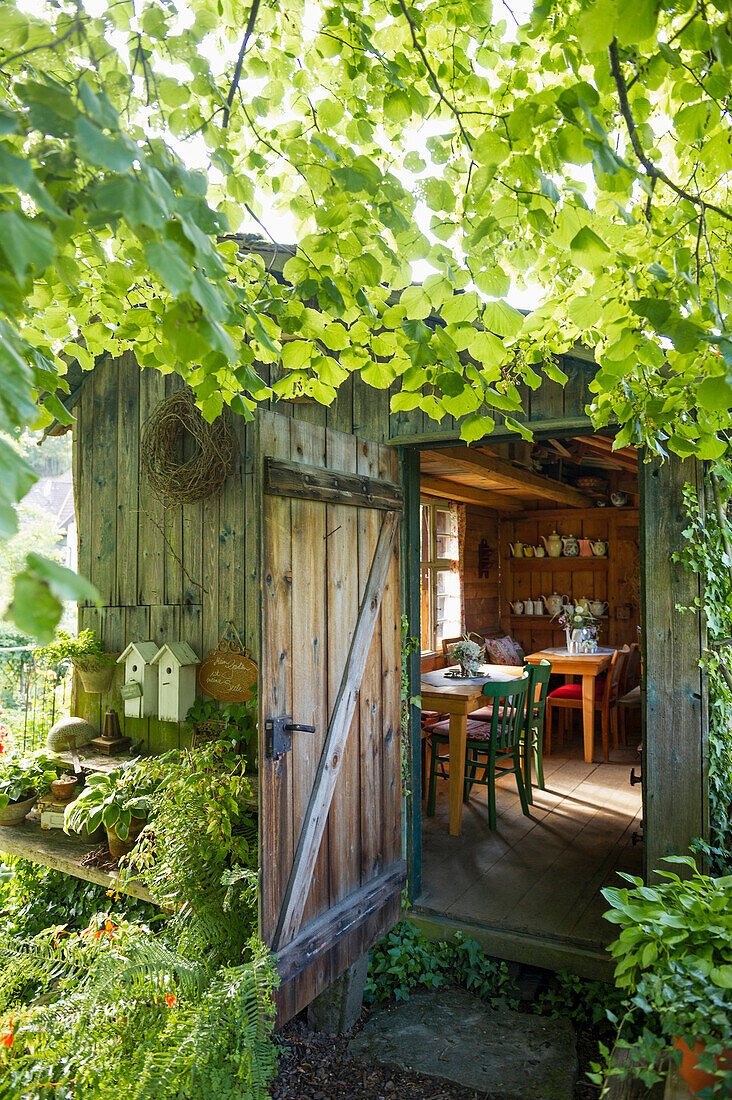 Gartenstillleben mit altem Gartenhäuschen, Freiamt, Emmendingen, Baden-Württemberg, Deutschland