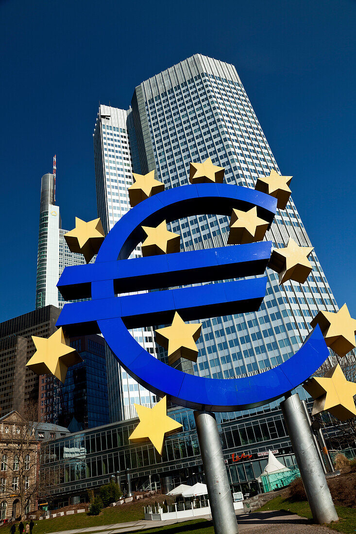 Euro monument and the European Central Bank, Frankfurt, Hesse, Germany