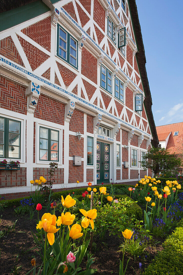 Prunkvolle Fassade eines Fachwerkhauses, bei Mittelnkirchen, Altes Land, Niedersachsen, Deutschland