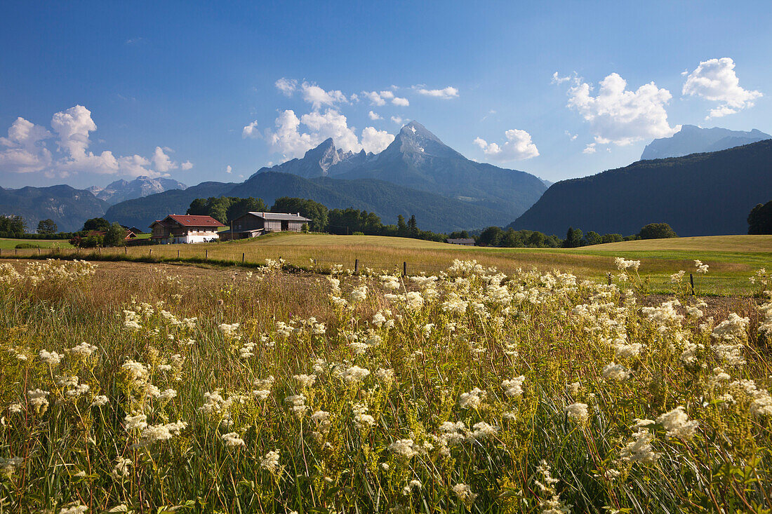 Farm in front of Watzmann and Hochkalter, Berchtesgaden region, Berchtesgaden National Park, Upper Bavaria, Germany