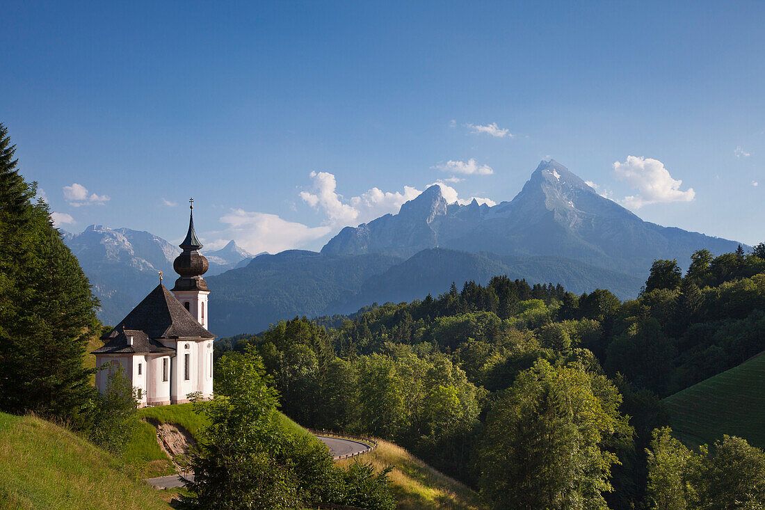 Maria Gern pilgrimage church, view to Watzmann, Berchtesgaden region, Berchtesgaden National Park, Upper Bavaria, Germany