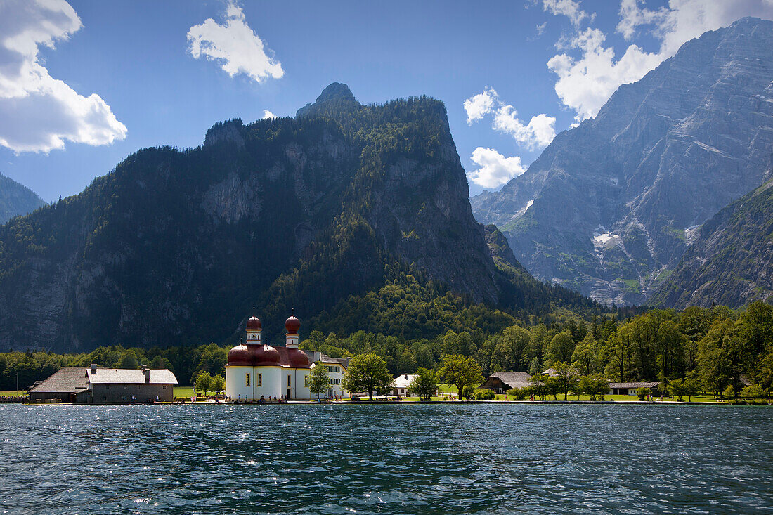 Baroque style pilgrimage church St Bartholomae, Watzmann east wall in the background, Koenigssee, Berchtesgaden region, Berchtesgaden National Park, Upper Bavaria, Germany