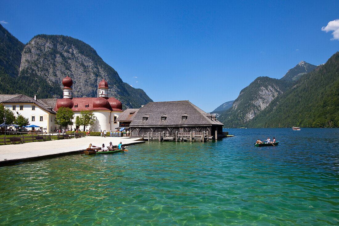 Barocke Wallfahrtskirche St. Bartholomä, Königssee, Berchtesgadener Land, Nationalpark Berchtesgaden, Oberbayern, Bayern, Deutschland