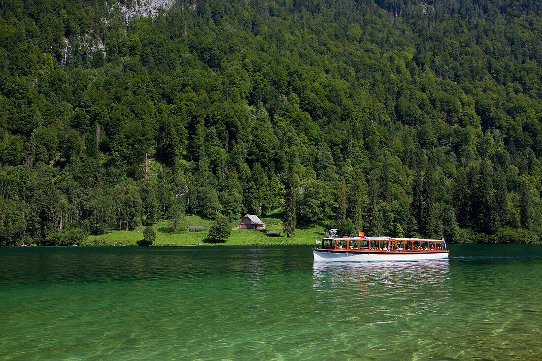Excursion boat, at Koenigssee, Berchtesgaden region, Berchtesgaden National Park, Upper Bavaria, Germany