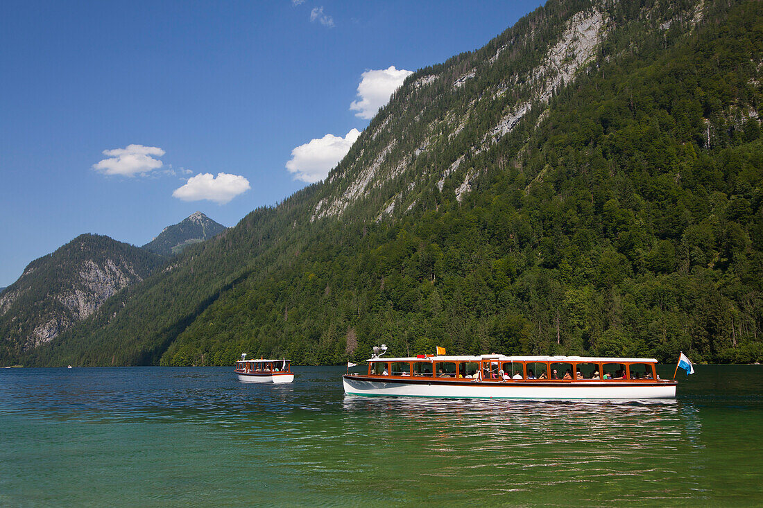 Excursion boat at Koenigssee, Berchtesgaden region, Berchtesgaden National Park, Upper Bavaria, Germany