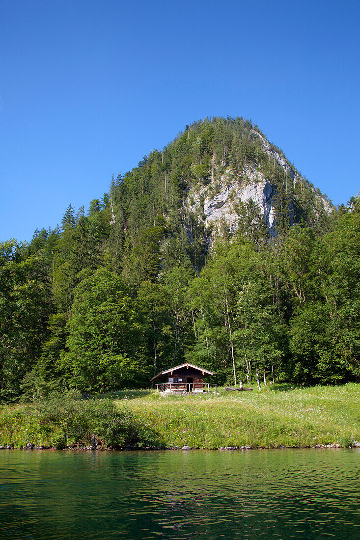 Schutzhütte am Kessel, Königssee, Berchtesgadener Land, Nationalpark Berchtesgaden, Oberbayern, Bayern, Deutschland