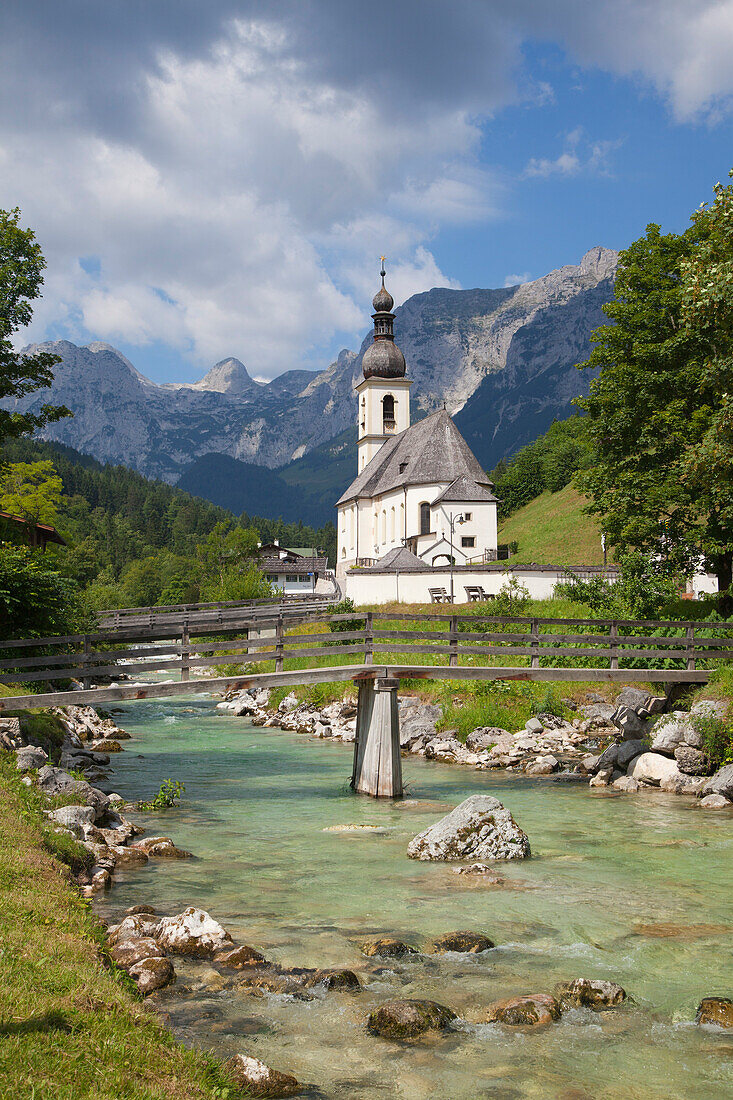 Ramsau church, view to Reiteralpe, Berchtesgaden region, Berchtesgaden National Park, Upper Bavaria, Germany