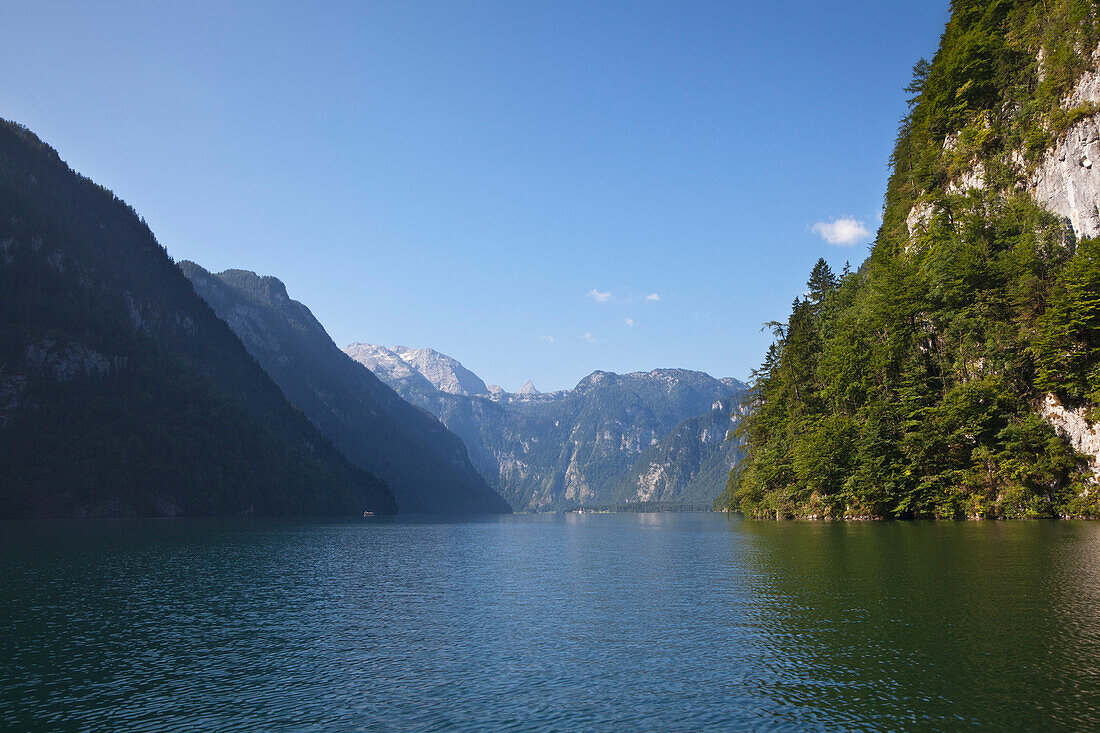 View over Koenigssee, Berchtesgaden region, Berchtesgaden National Park, Upper Bavaria, Germany