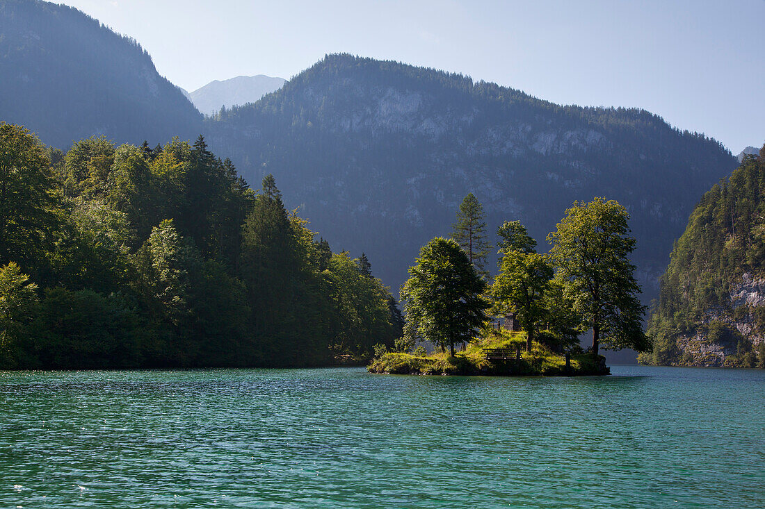 Christlieger island, Johannesinsel, Koenigssee, Berchtesgaden region, Berchtesgaden National Park, Upper Bavaria, Germany