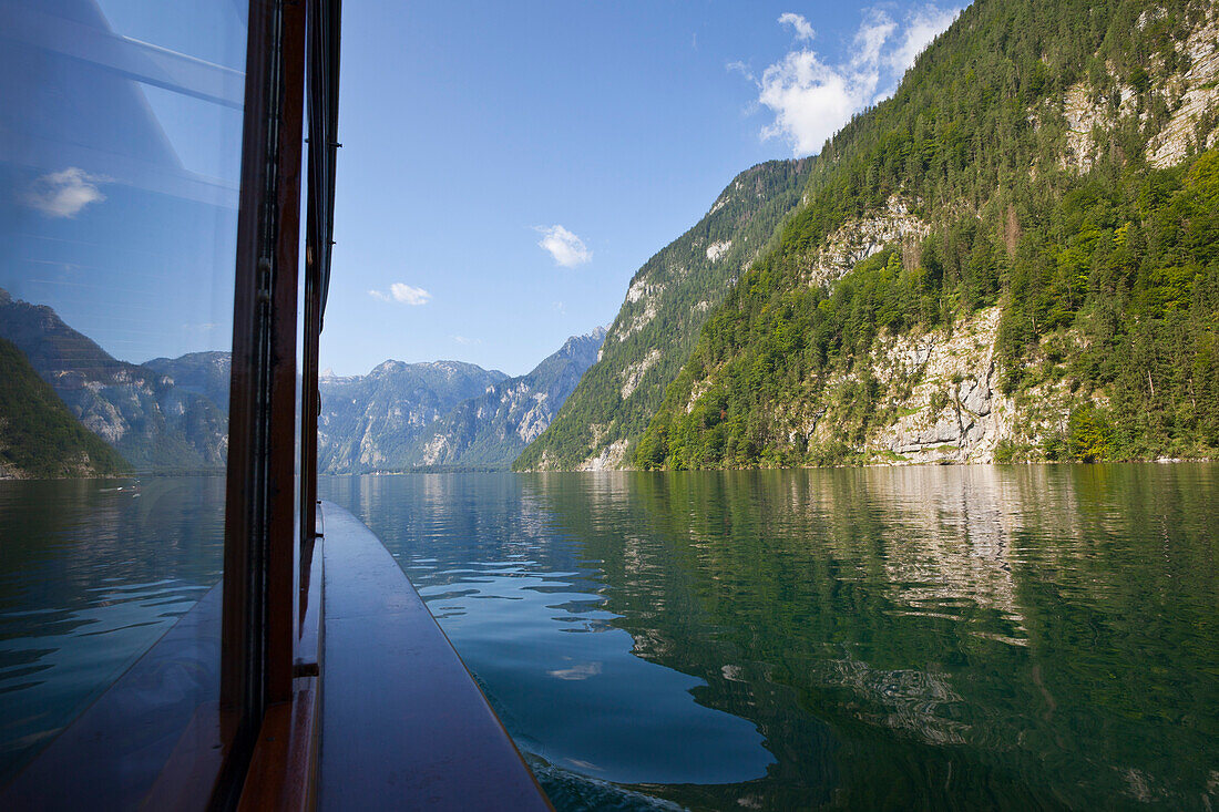 View from an excursion boat over Koenigssee, Berchtesgaden region, Berchtesgaden National Park, Upper Bavaria, Germany
