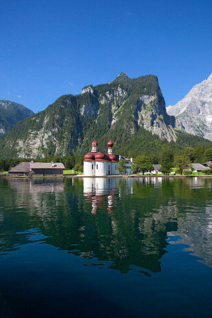 Baroque style pilgrimage church St Bartholomae, Koenigssee, Berchtesgaden region, Berchtesgaden National Park, Upper Bavaria, Germany