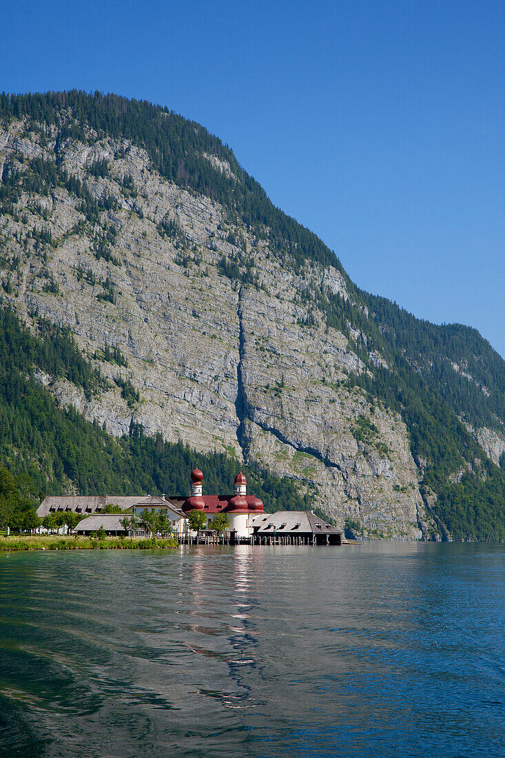 Baroque style pilgrimage church St Bartholomae, Koenigssee, Berchtesgaden region, Berchtesgaden National Park, Upper Bavaria, Germany