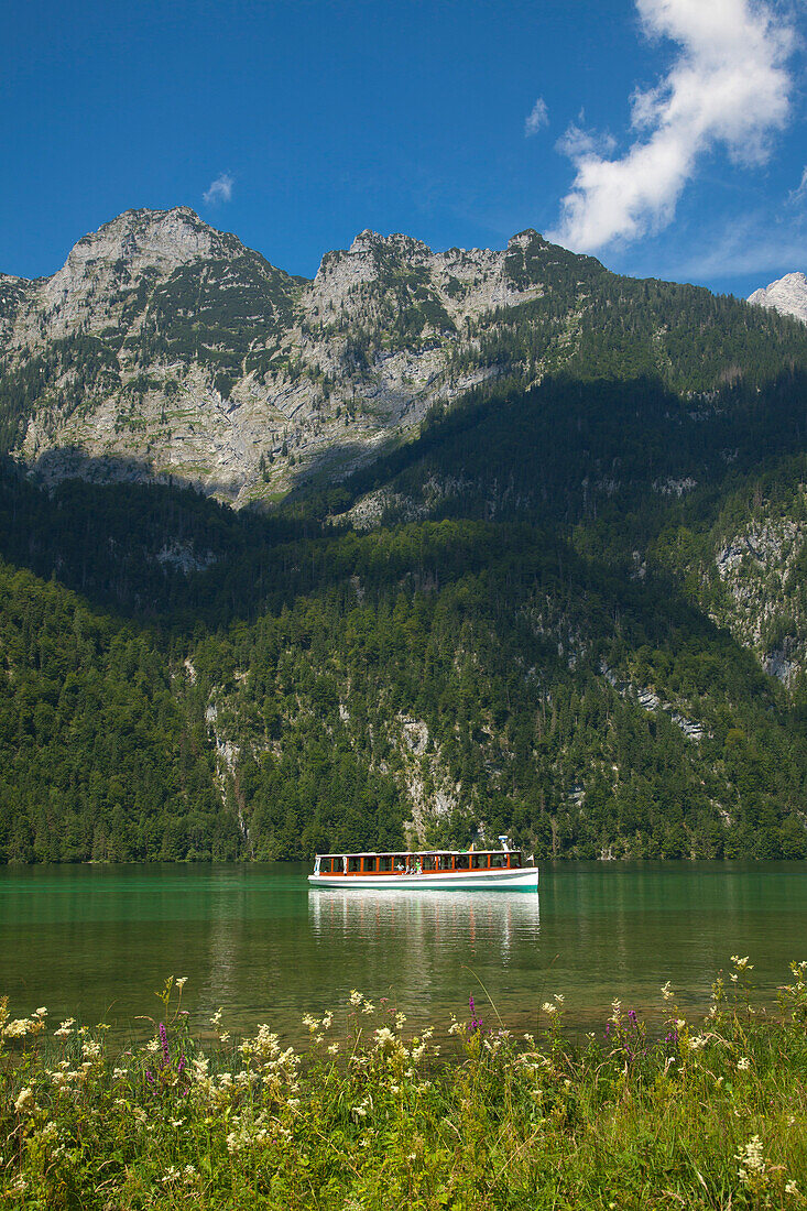 Excursion boat at Koenigssee, Berchtesgaden region, Berchtesgaden National Park, Upper Bavaria, Germany
