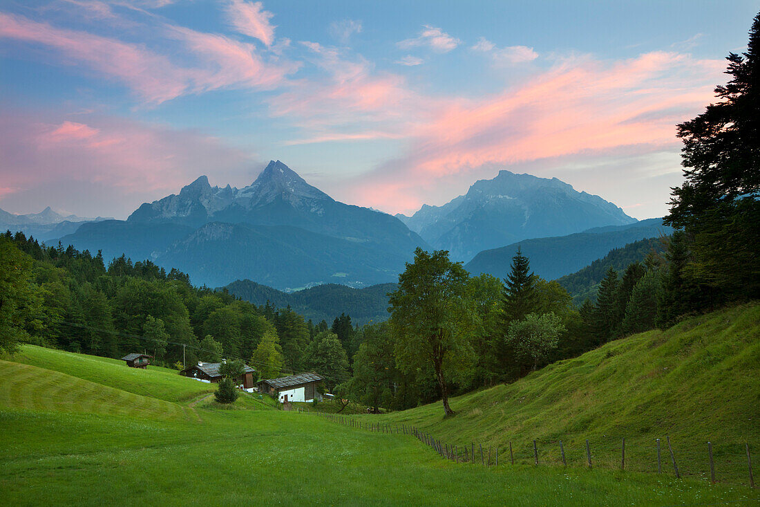 Farm in front of Watzmann and Hochkalter in the evening light, Berchtesgaden region, Berchtesgaden National Park, Upper Bavaria, Germany