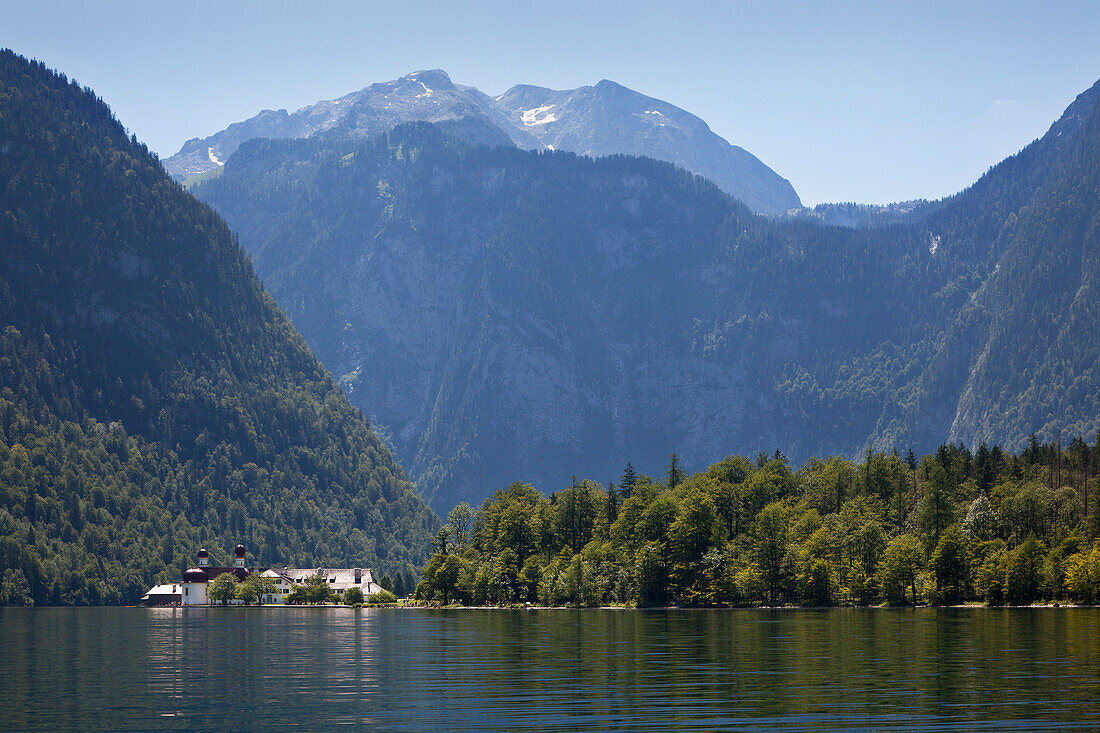 Baroque style pilgrimage church St Bartholomae, Lake Koenigssee, Berchtesgaden region, Berchtesgaden National Park, Upper Bavaria, Germany