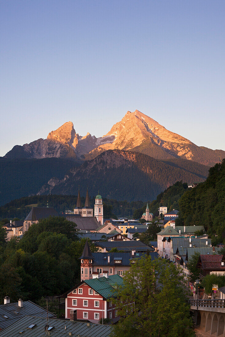 View over Berchtesgaden to Watzmann in the morning light, Berchtesgaden region, Berchtesgaden National Park, Upper Bavaria, Germany