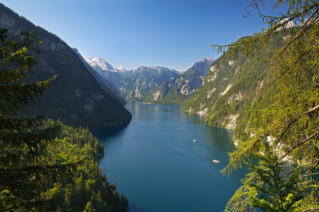 View over Koenigssee, Berchtesgaden region, Berchtesgaden National Park, Upper Bavaria, Germany