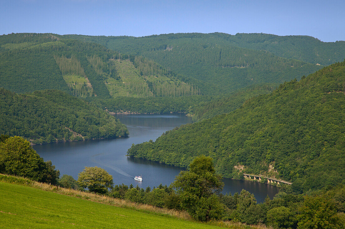 Blick auf den Rur-Stausee, Nationalpark Eifel, Eifelsteig, Eifel, Nordrhein-Westfalen, Deutschland