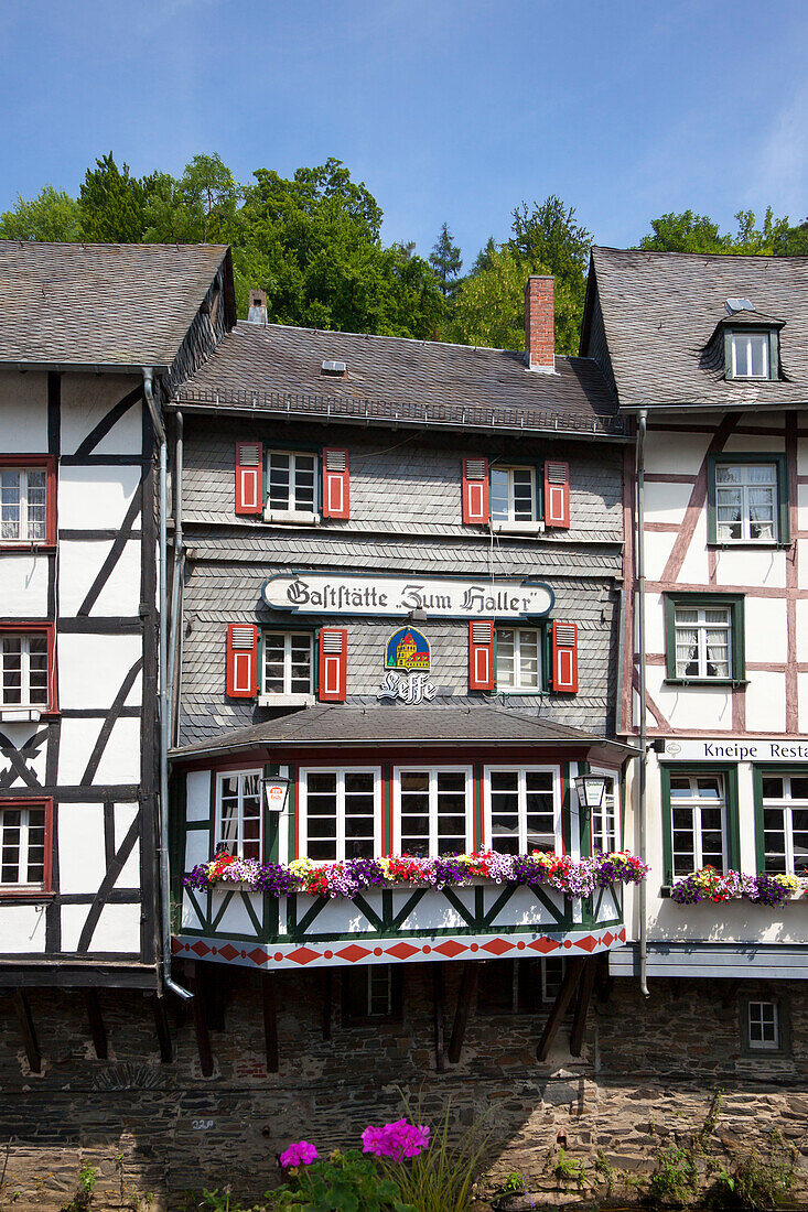 Fachwerkhäuser an der Rur, Monschau, Eifelsteig, Eifel, Nordrhein-Westfalen, Deutschland