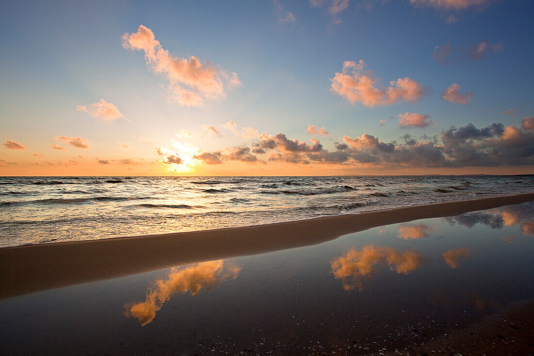 Clouds reflecting in the water, Ahlbeck, Usedom island, Baltic Sea, Mecklenburg Western-Pomerania, Germany