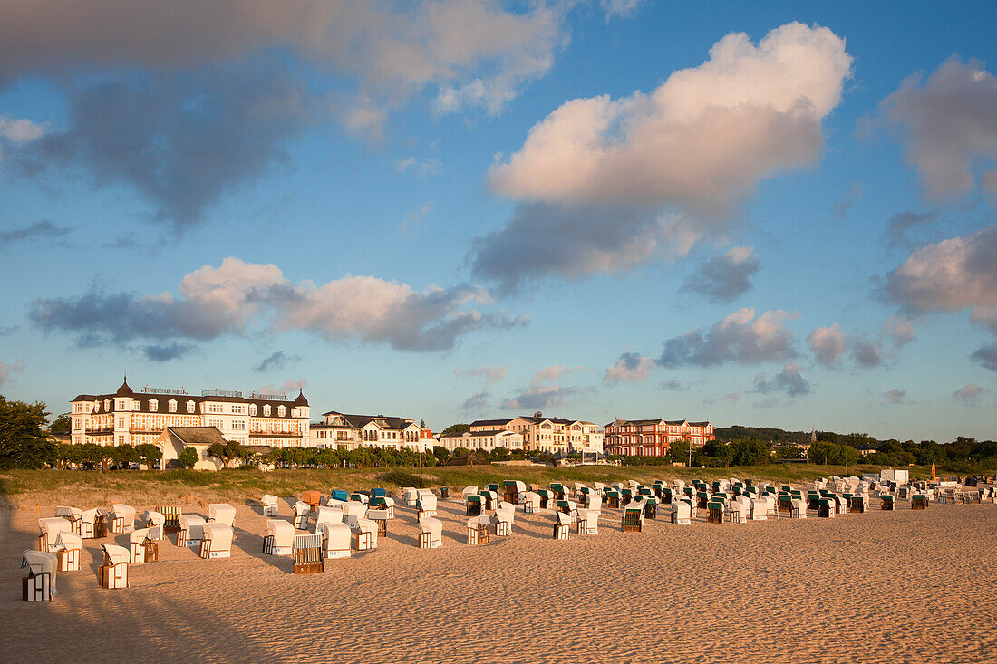 View from the pier over the beach to the seaside promenade, Ahlbeck, Usedom island, Baltic Sea, Mecklenburg Western-Pomerania, Germany