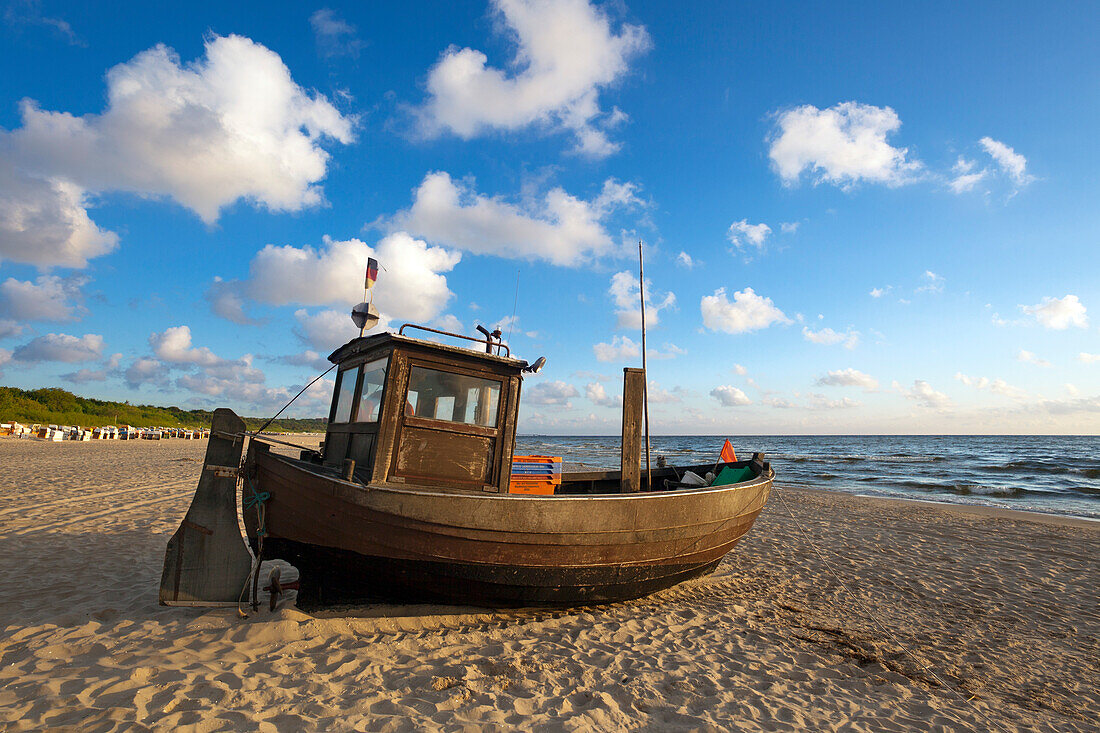 Fishing cutter on the beach, Ahlbeck, Usedom island, Baltic Sea, Mecklenburg Western-Pomerania, Germany