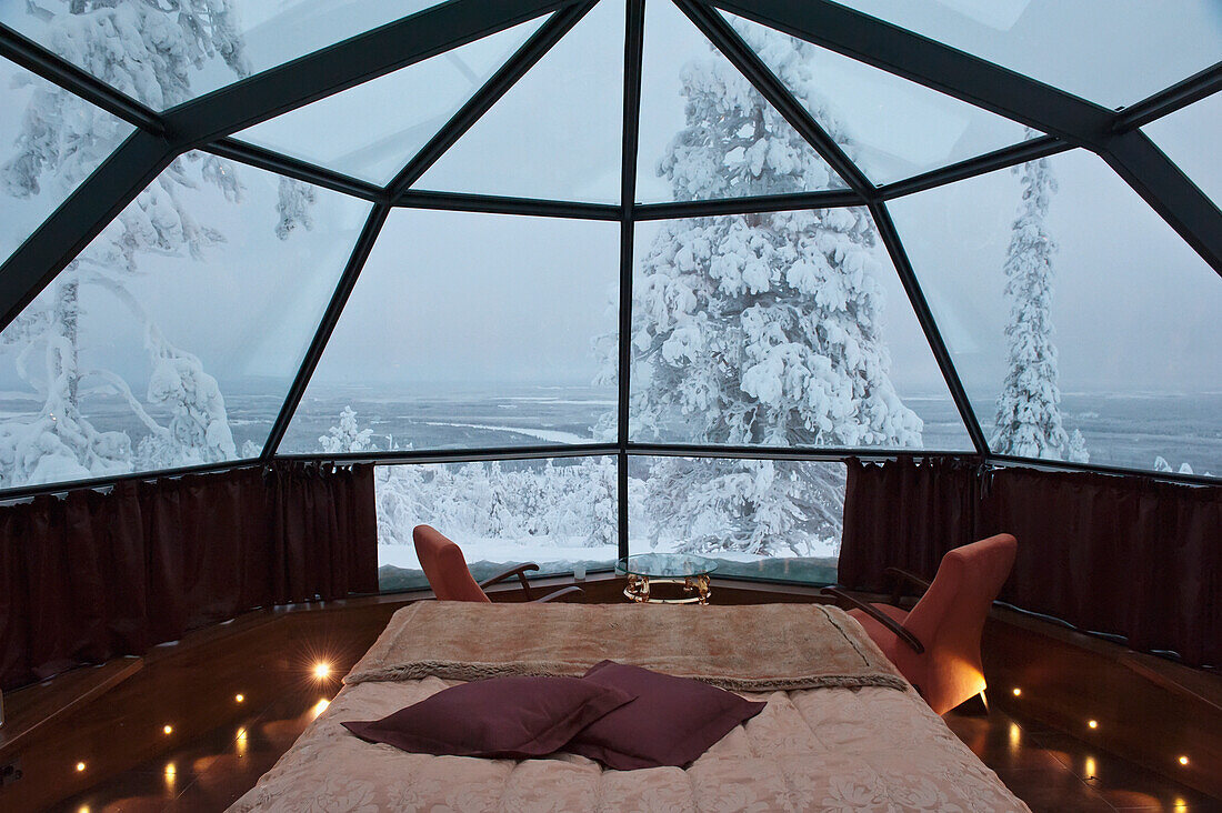 Glass Roofed Igloo Accommodation With A Motorized Rotating Bed At Uitsuvaara Region, Levi, Lapland, Finland