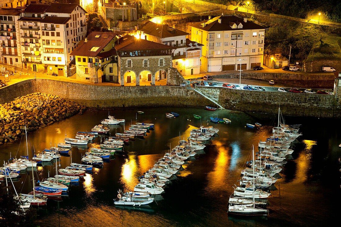 High Angle View Of Mutriku's Harbor At Night, Mutriku, Basque Country, Spain