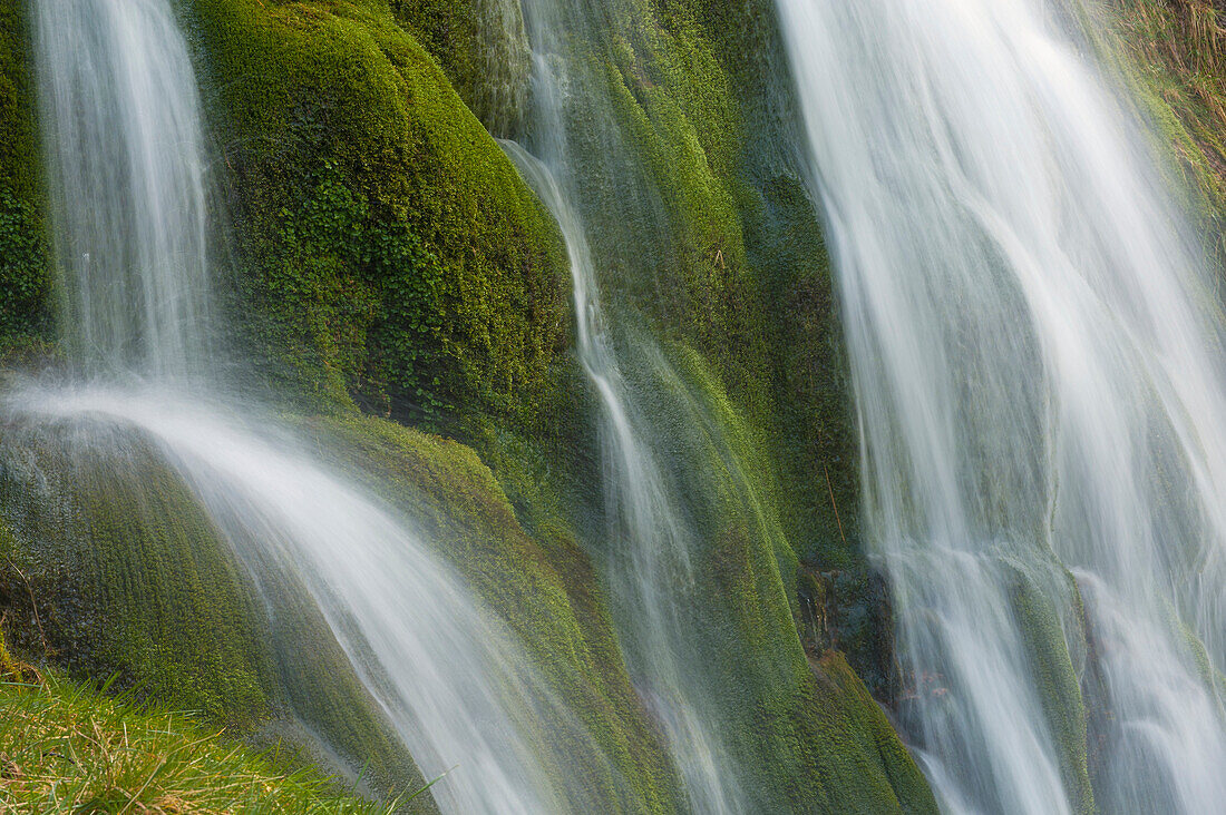 Small Waterfall Over Mossy Stones In Gleann Enich Near Aviemore, Highlands, Scotland, Uk