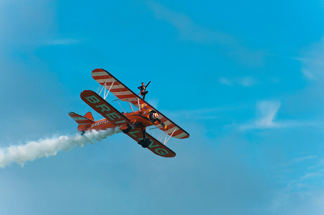 Breitlng Wing Walkers In Action At The Eastbourne Airshow, East Sussex, Uk