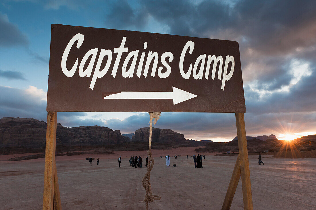 Sign Post Directions To The Captains Main Desert Camp, A Large Bedouin Tourist Camp, Wadi Rum, Jordan, Middle East