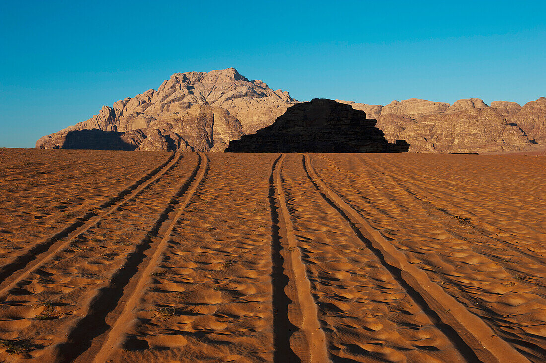 Tire Tracks In The Early Morning, Wadi Rum, Jordan, Middle East
