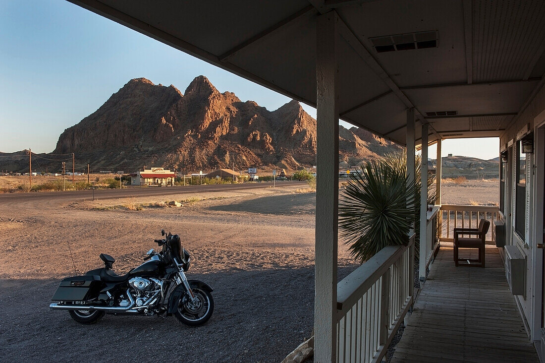 Motorbikes Outside The Big Bend Resort And Adventures Hotel, Route 118 At Route 170, Terlingua, Big Bend, Texas, Usa