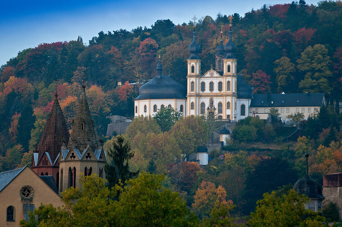 View to the Kaeppele, pilgrimage church above the city of Wuerzburg, Franconia, Bavaria, Germany