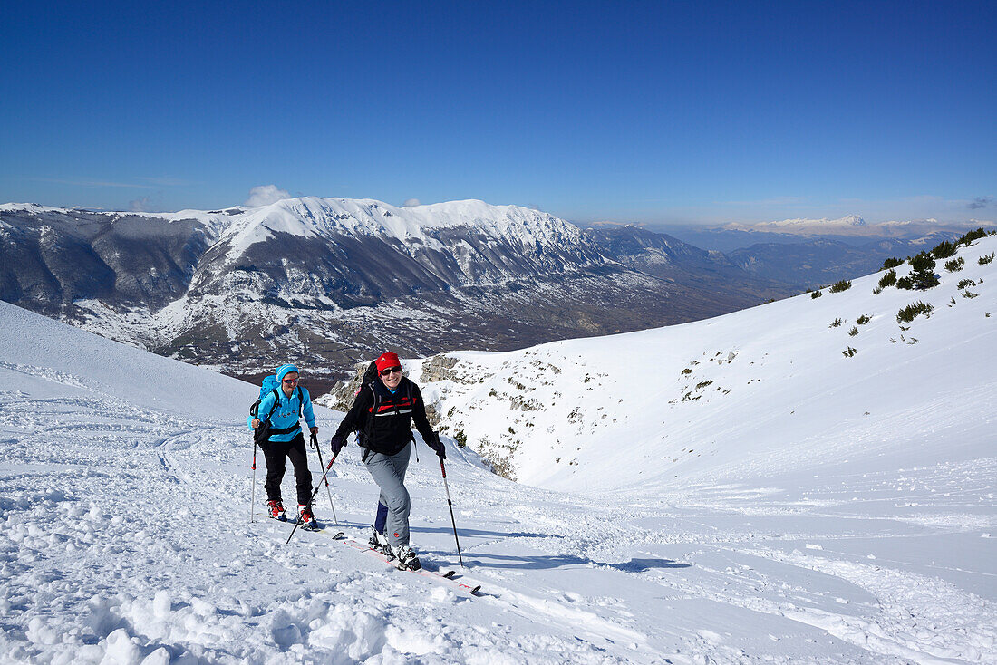 Two female backcountry skiers ascending to Monte Pesco Falcone, Rava del Ferro, Maiella, Abruzzo, Italy