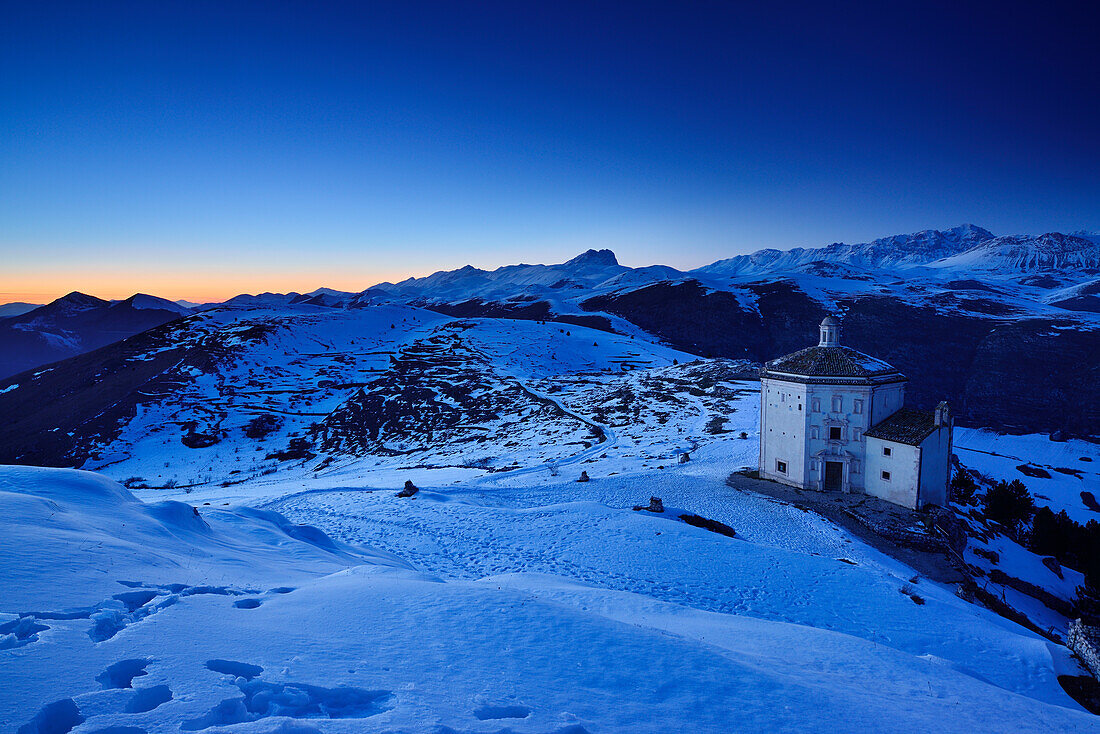 Chapel with view to Campo Imperatore with Gran Sasso in background after sunset, Castel Rocca Calascio, Calascio, Abruzzi, Apennines, l' Aquila, Italy