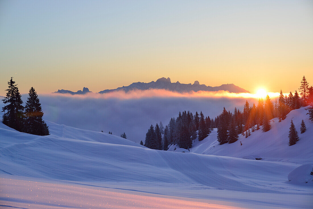 Sonnenaufgang über dem Dachsteingebirge, nahe Arthurhaus, Hochkönig, Berchtesgadener Alpen, Salzburg, Österreich