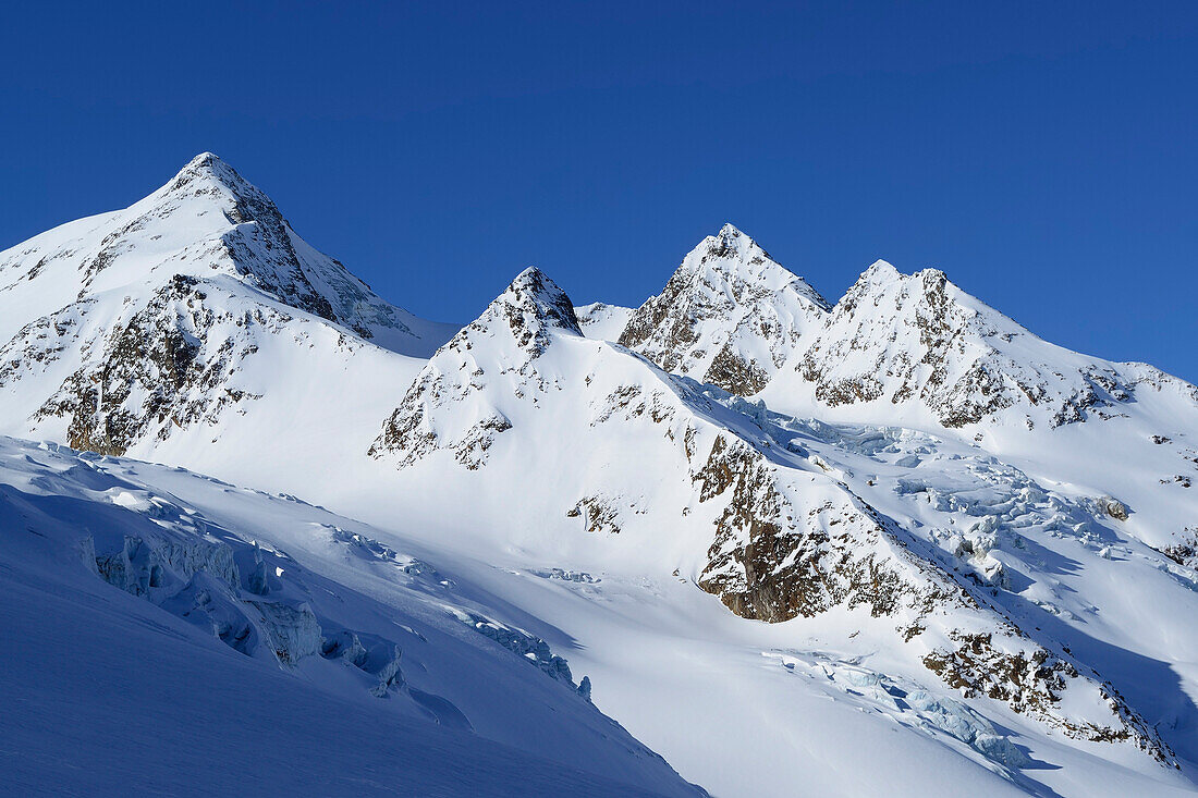 Blick auf Eisbruch am Langtauferer Ferner mit Weißkugel und Innerer Bärenbartkogel im Hintergrund, Weißkugel, Ötztaler Alpen, Südtirol, Italien