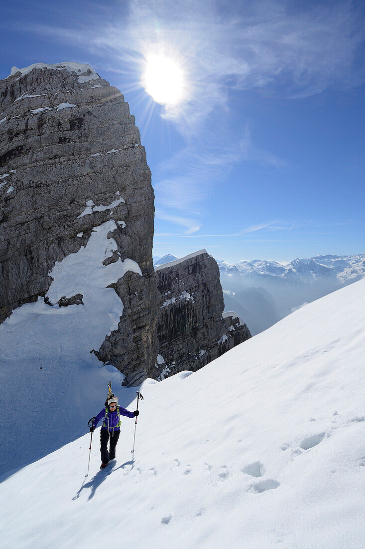 Female backcountry skier ascending to Watzmannkind, Watzmannkar, Berchtesgaden Alps, Berchtesgaden National Park, Upper Bavaria, Bavaria, Germany