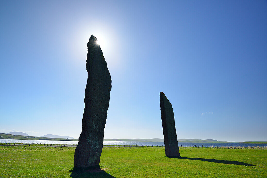 Steinzeitliche Steinsäulen, Standing Stones of Stenness, UNESCO Weltkulturerbe The Heart of Neolithic Orkney, Orkney Inseln, Schottland, Großbritannien, Vereinigtes Königreich