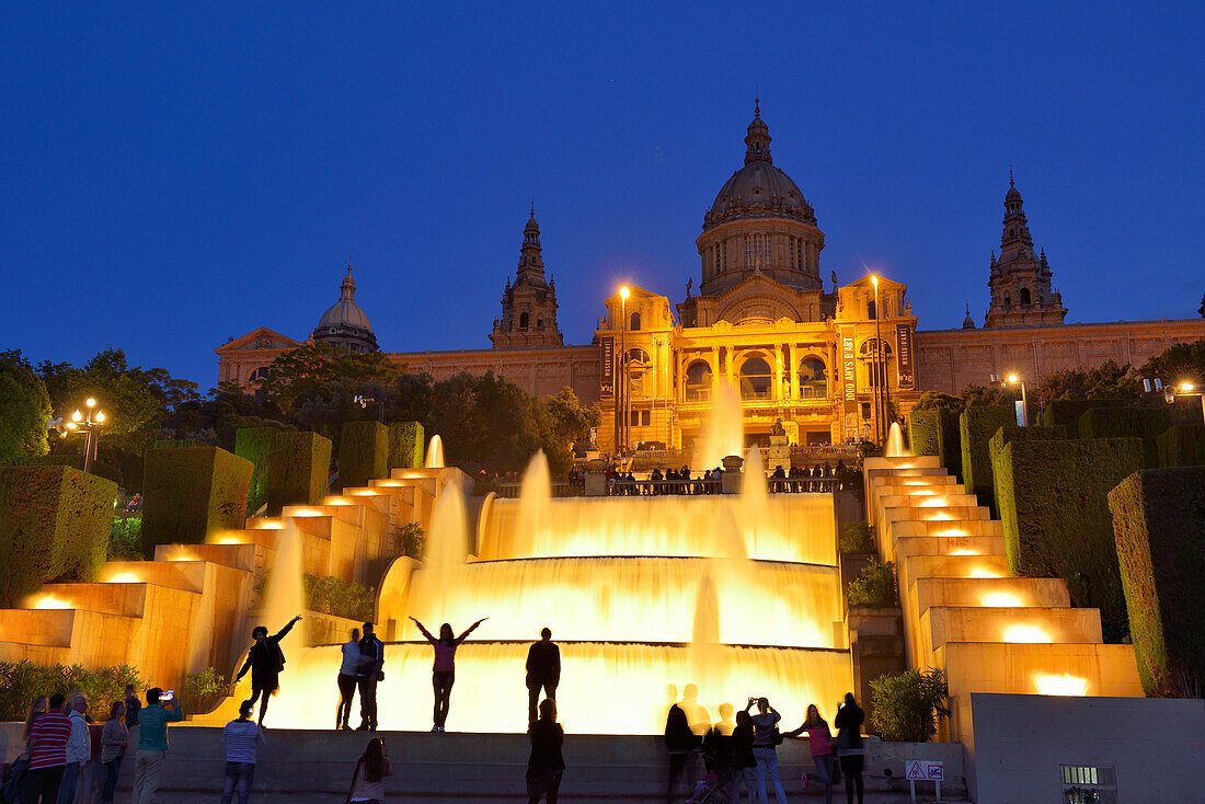 Illuminated fountain and Palau Nacional at night, National Museum, Montjuic, Barcelona, Catalonia, Spain