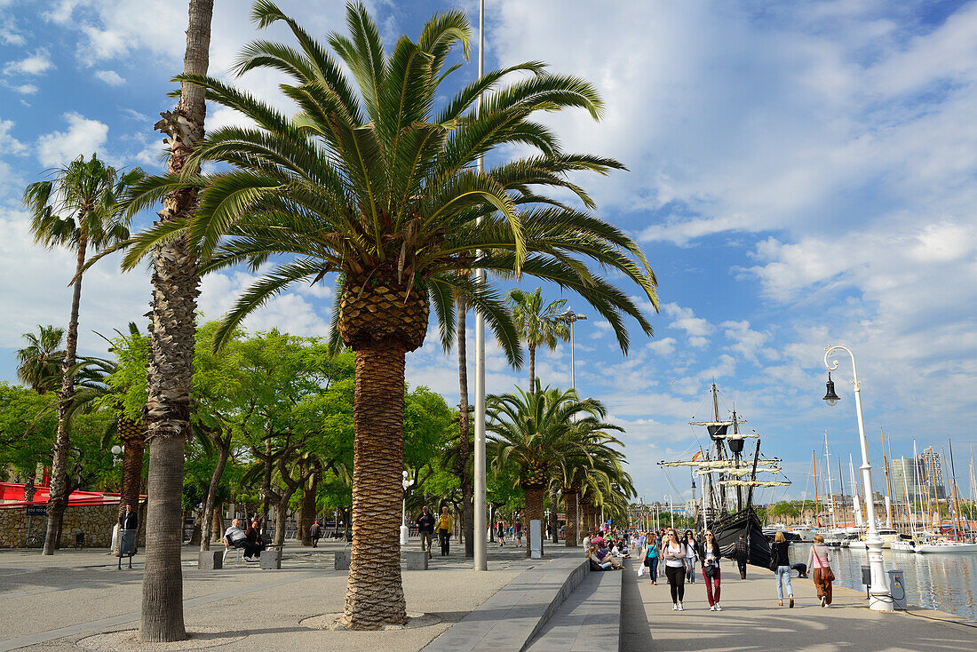 Seaside promenade with sailing ship in the Old Harbour, Port Vell, Barcelona, Catalonia, Spain