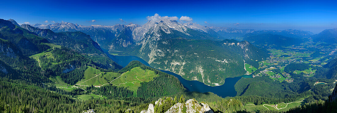 Panorama from Jenner with view to lake Koenigssee, Steinernes Meer range, Watzmann and valley of Berchtesgaden, Jenner, Berchtesgaden range, Berchtesgaden National Park, Berchtesgaden, Upper Bavaria, Bavaria, Germany