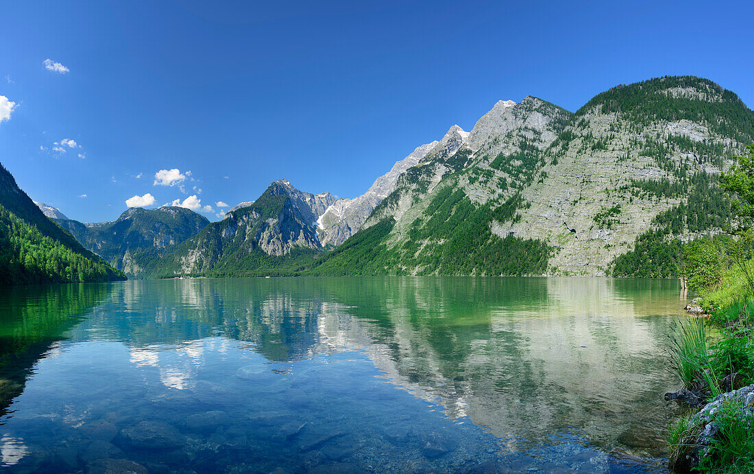 Panorama with view to lake Koenigssee, Hachelkoepfe, Watzmann and Echowand, lake Koenigssee, Berchtesgaden range, Berchtesgaden National Park, Berchtesgaden, Upper Bavaria, Bavaria, Germany