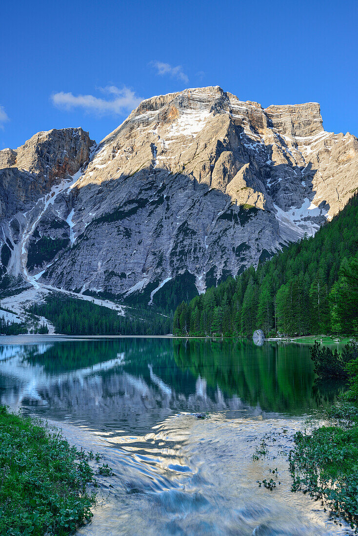 Seekofel above Pragser Wildsee, Pragser Wildsee, valley of Pustertal, Dolomites, UNESCO World Heritage Site Dolomites, South Tyrol, Italy