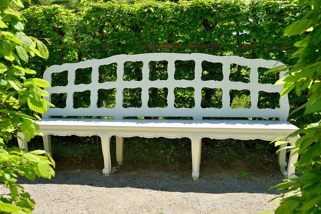 Garden bench, Linderhof castle of King Ludwig II of Bavaria, Linderhof castle, rococo, Ammergau range, Bavarian Alps, Upper Bavaria, Bavaria, Germany