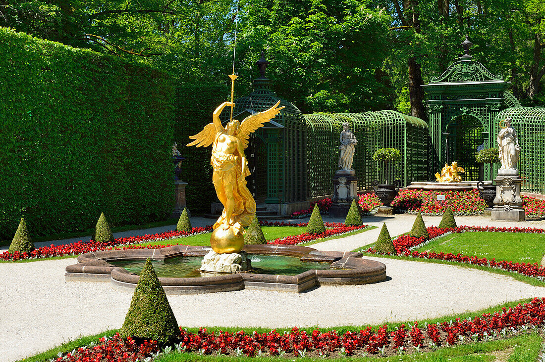 Golden statue of angel in the gardens, Linderhof castle of King Ludwig II of Bavaria, Linderhof castle, rococo, Ammergau range, Bavarian Alps, Upper Bavaria, Bavaria, Germany