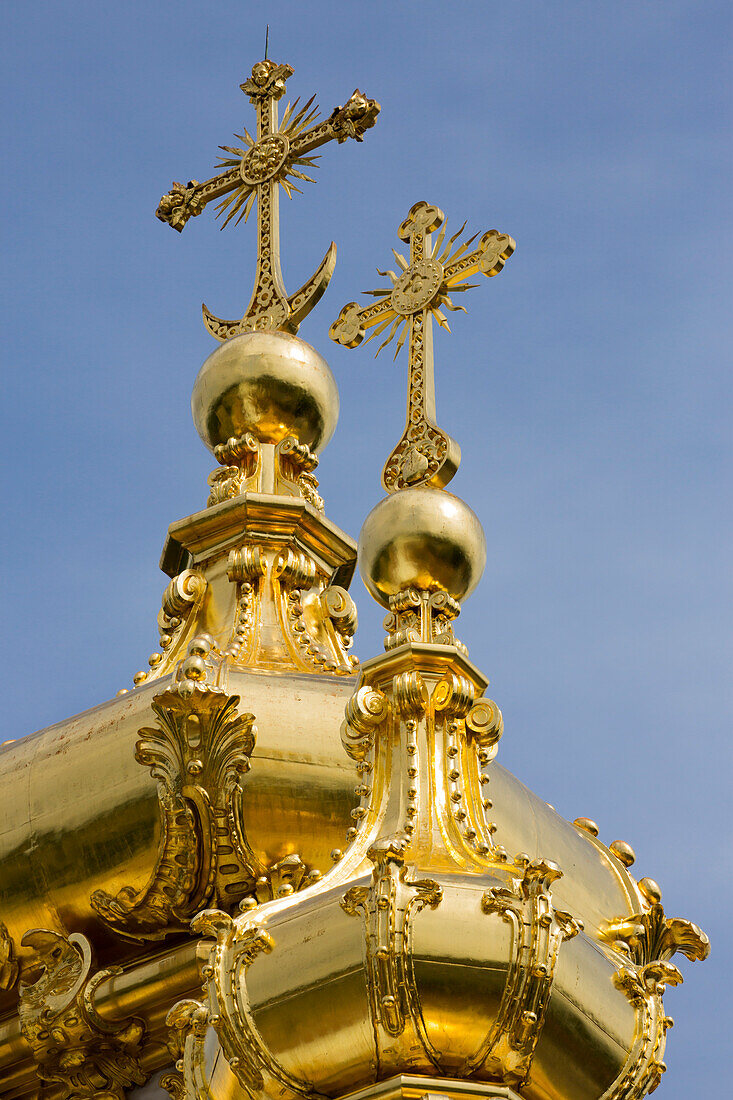Golden towers at Peterhof Palace (Petrodvorets), St. Petersburg, Russia, Europe
