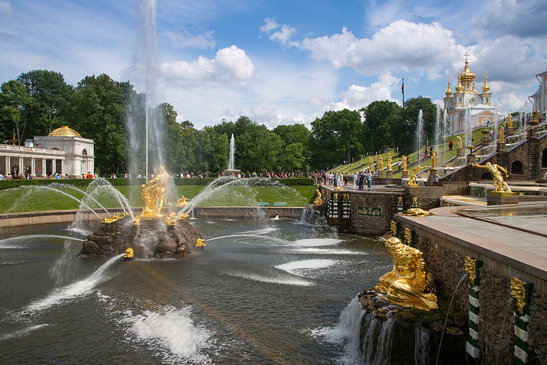 Grand Cascade fountains at Peterhof Palace (Petrodvorets), St. Petersburg, Russia, Europe