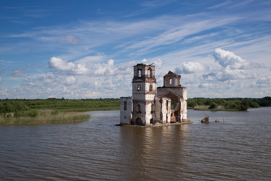 Remains of the Nativity Church in Krokhino, Lake Beloye, Volga-Baltic Canal, Belozersk, Russia, Europe